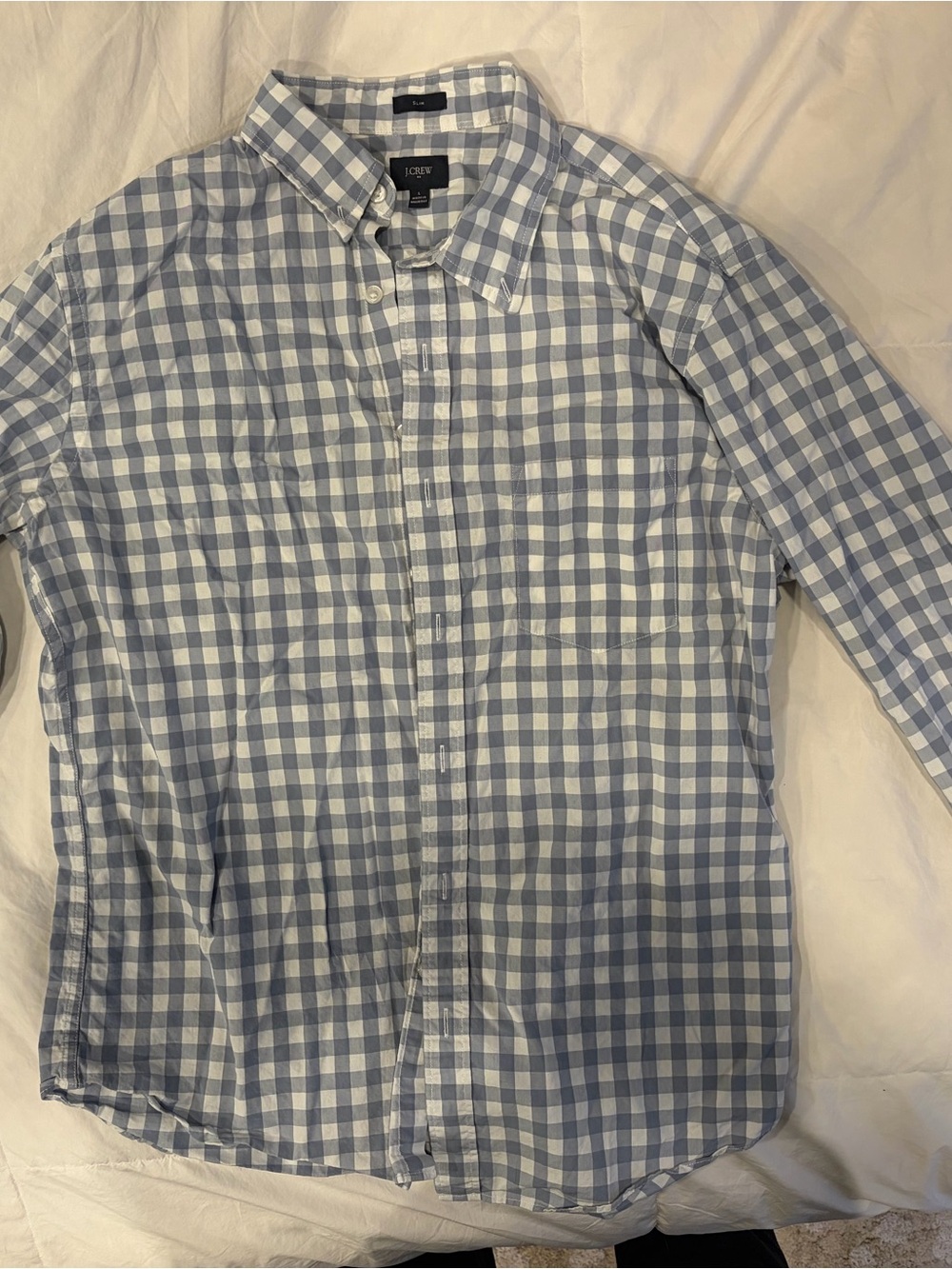 J. Crew Men’s Light Blue and White Gingham Button-Down Shirt (Large)